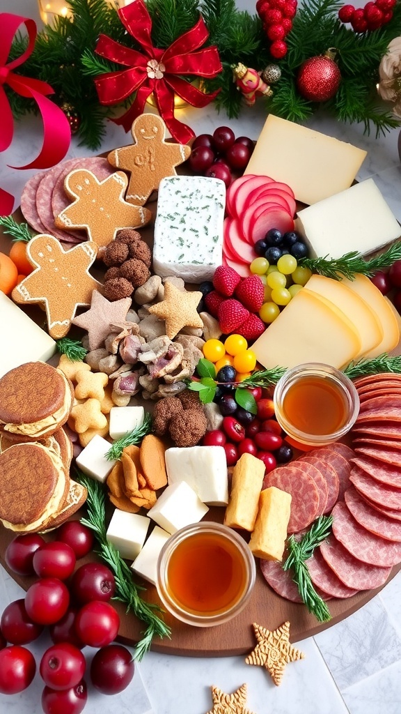 A festive charcuterie board with gingerbread cookies, cheeses, meats, and fruits for Christmas.